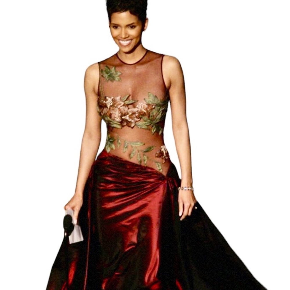La Femme Paris Gown Halle Berry Runway Dress Sheer top Beaded Flowers Silk 6